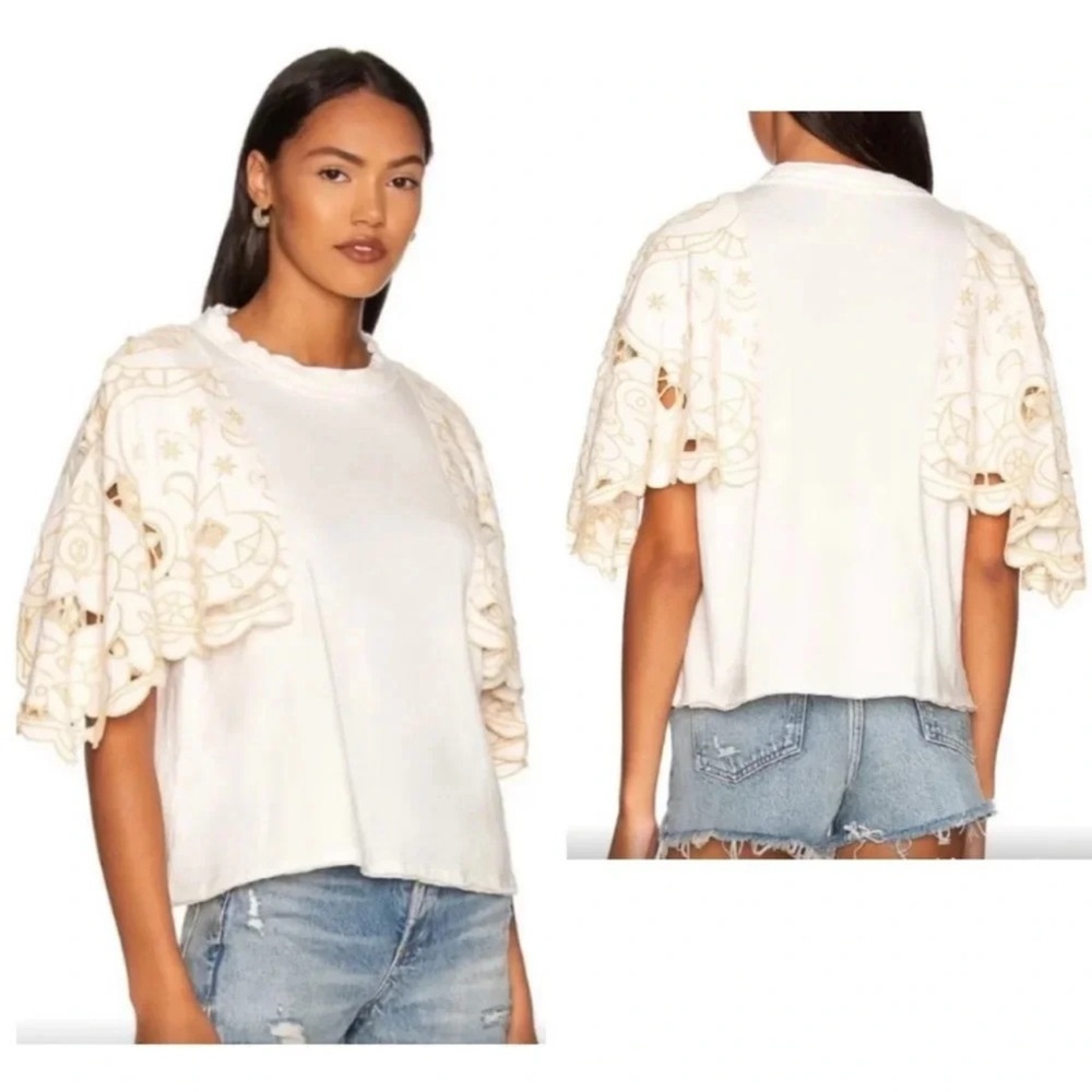 Free People Women's Angel Embroidered Flutter Sleeve Cotton T-Shirt Size XL